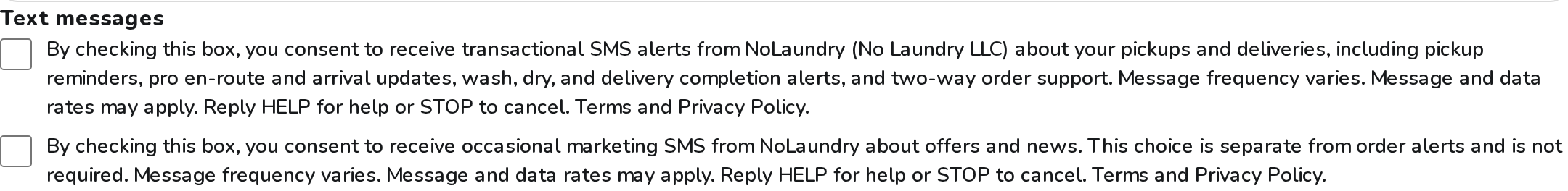 NoLaundry business signup form with unchecked SMS consent checkboxes