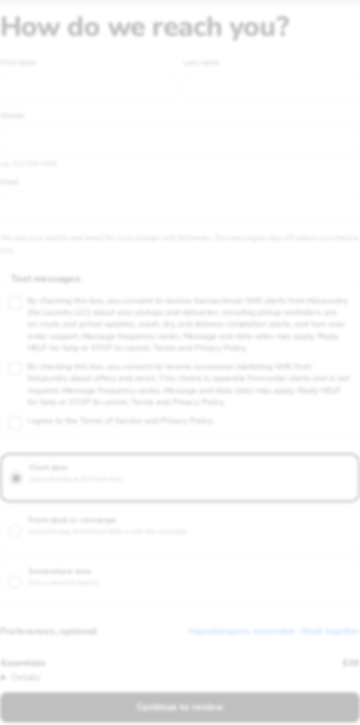 NoLaundry booking contact step with unchecked transactional and marketing SMS consent checkboxes