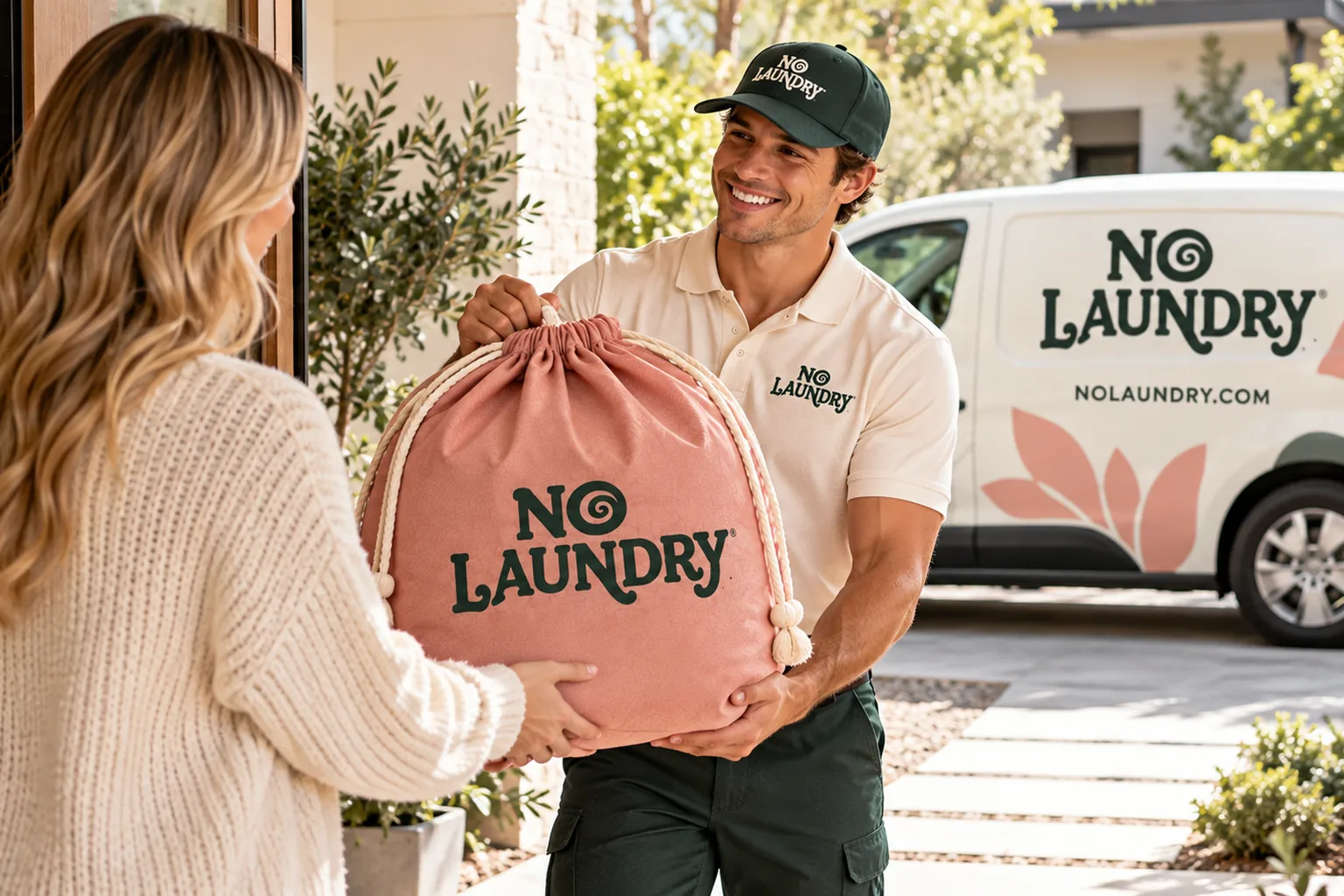 A smiling NoLaundry driver in a green cap hands a pink NoLaundry laundry bag to a customer at her front door, with a NoLaundry van in the driveway