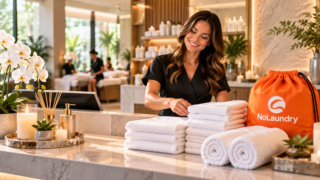 A smiling spa front-desk worker stacks fresh white towels on a marble counter beside an orange NoLaundry laundry bag