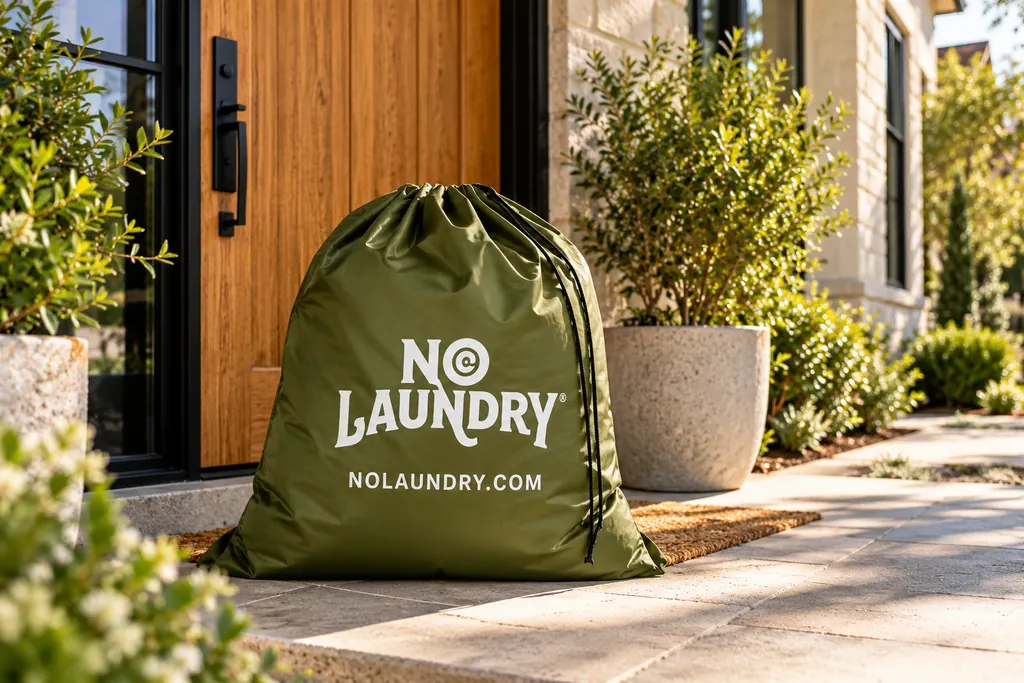 A NoLaundry bag waiting for pickup on a front porch
