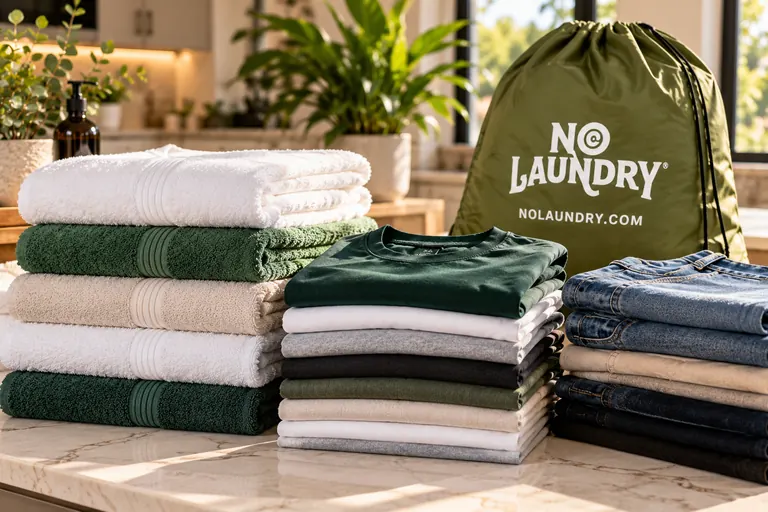 Neatly folded towels, shirts and jeans beside a NoLaundry bag