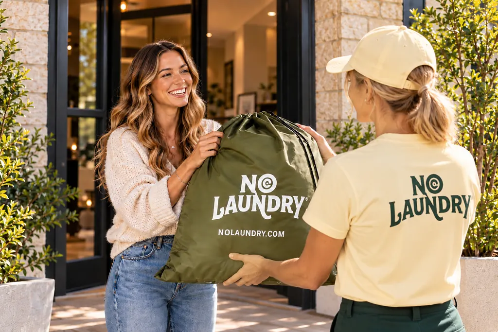 A NoLaundry pro hands a customer her laundry bag at her front door