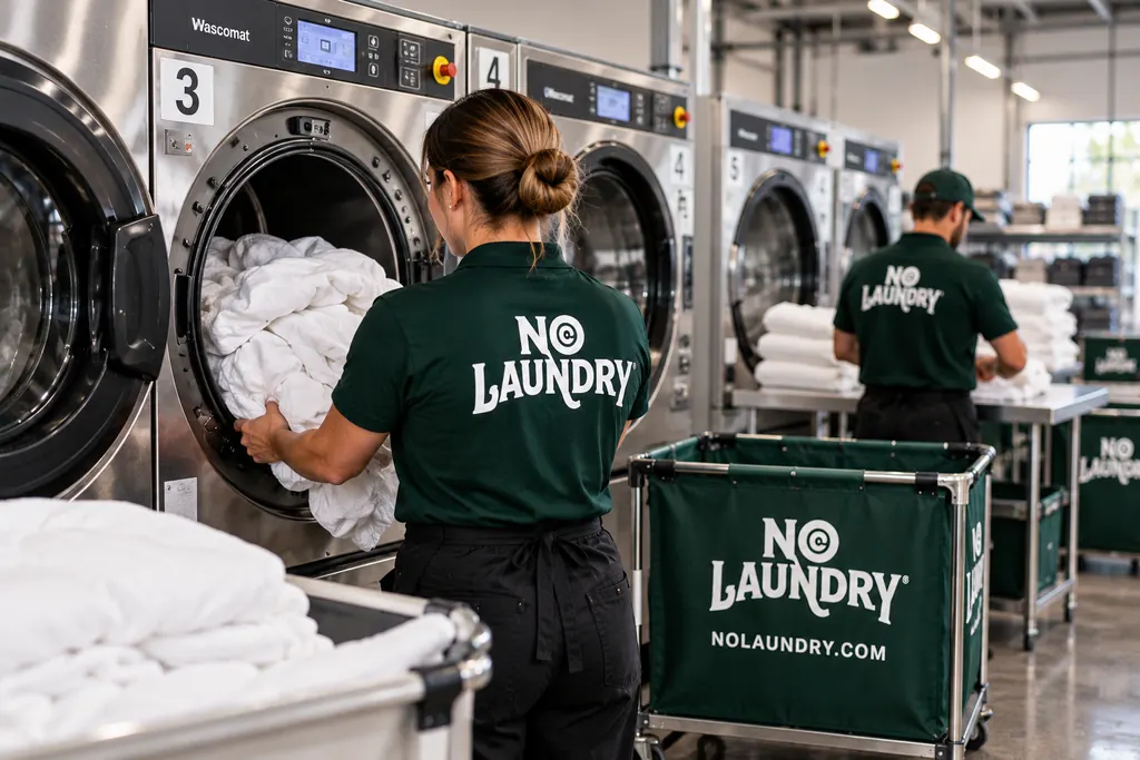 A NoLaundry pro loading a washer at a laundromat