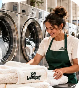 A NoLaundry team member folds fresh towels in front of washers