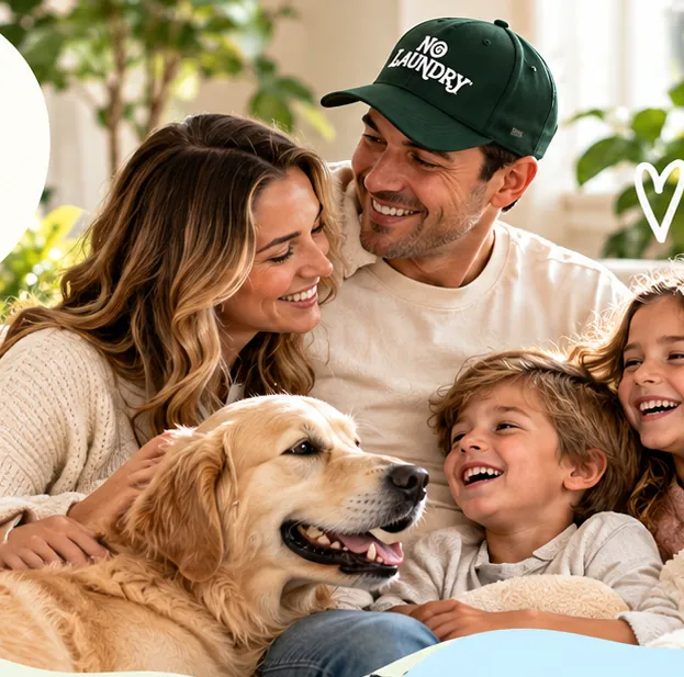 A smiling family with two kids and a golden retriever relaxing on a sofa, the dad in a NoLaundry cap