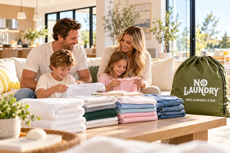 A family folds fresh laundry on the sofa next to a green NoLaundry bag